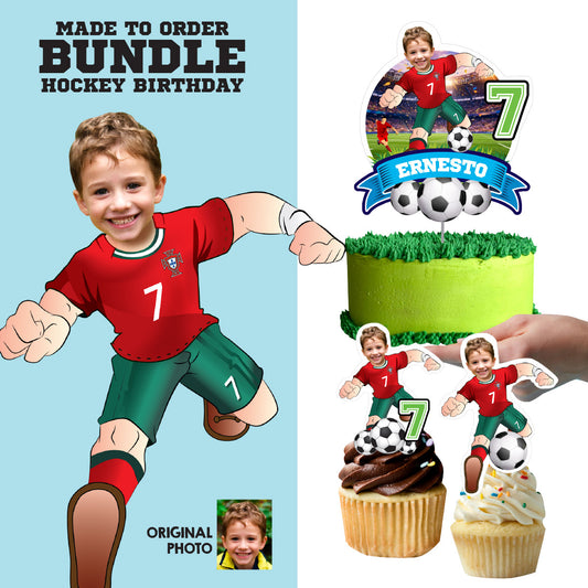 Portugal Soccer Matching Cake and Cupcake Toppers with birthday kid as Ronaldo. 2457B5