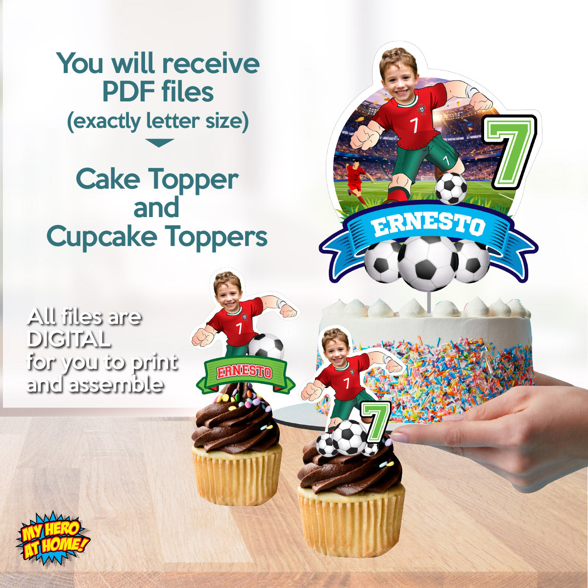 Portugal Soccer Matching Cake and Cupcake Toppers with birthday kid as Ronaldo. 2457B5