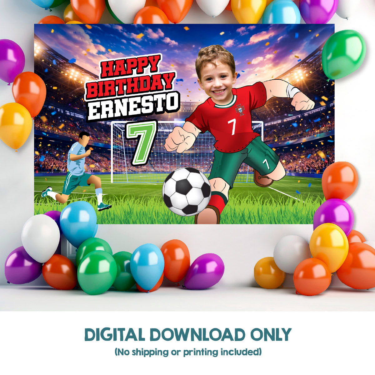 Soccer Birthday Backdrop with kid as Ronaldo, Custom Futbol Portugal party banner decoration. 2457BB
