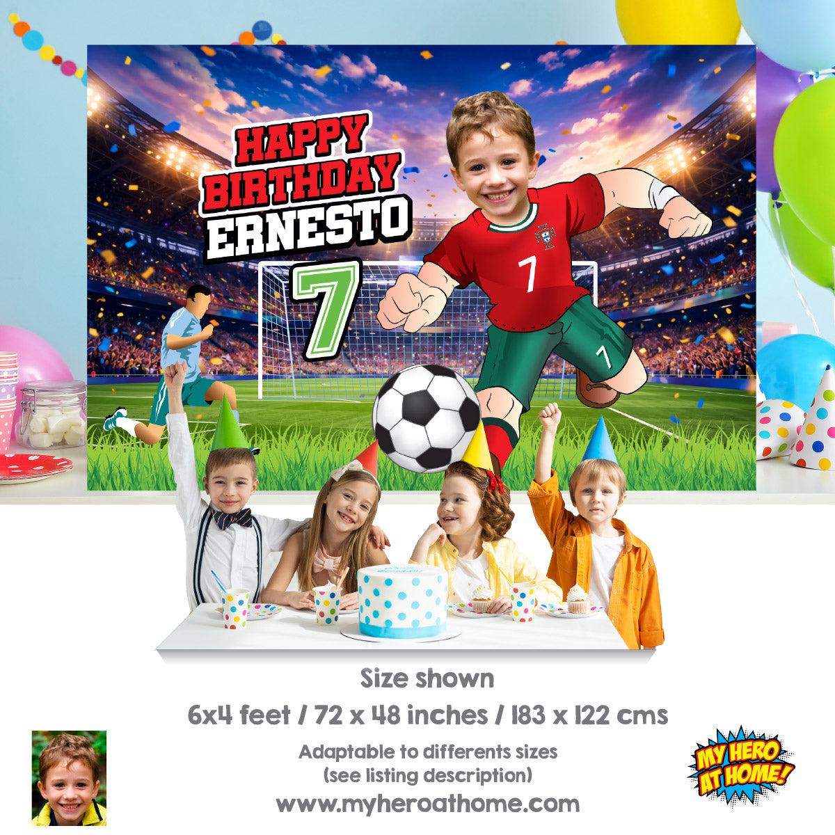 Soccer Birthday Backdrop with kid as Ronaldo, Custom Futbol Portugal party banner decoration. 2457BB