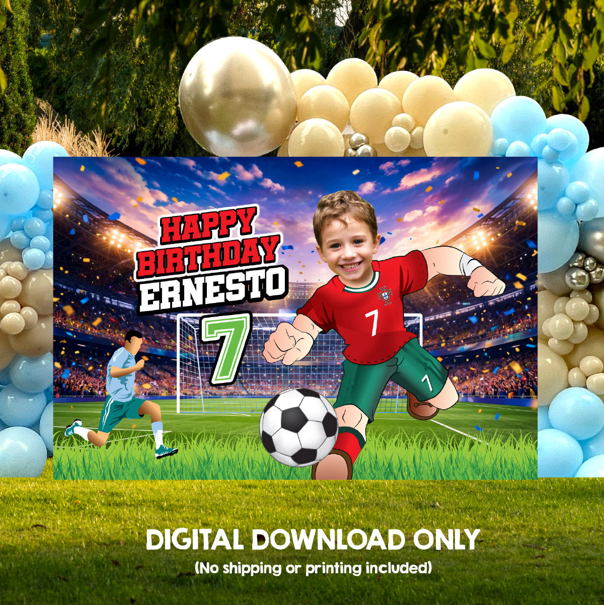 Soccer Birthday Backdrop with kid as Ronaldo, Custom Futbol Portugal party banner decoration. 2457BB