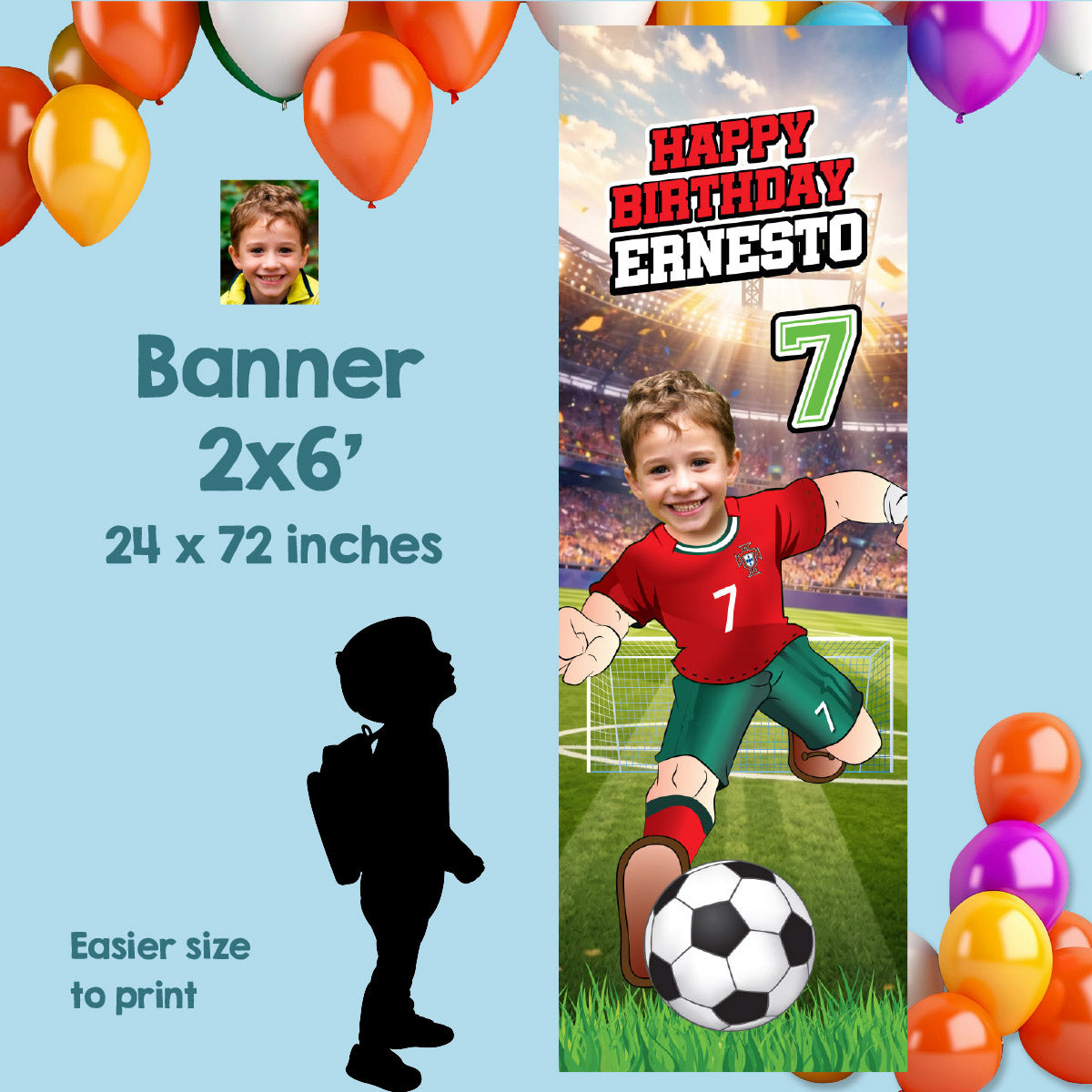 Soccer Ronaldo vertical birthday banner with kid as the star, Portugal football portrait (2x6’, Rollup). 2457BBV