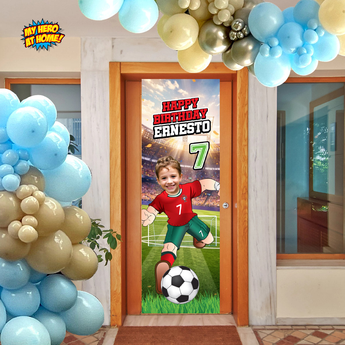 Soccer Ronaldo vertical birthday banner with kid as the star, Portugal football portrait (2x6’, Rollup). 2457BBV