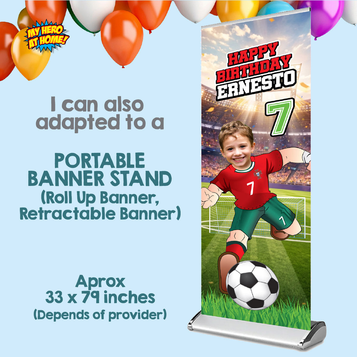 Soccer Ronaldo vertical birthday banner with kid as the star, Portugal football portrait (2x6’, Rollup). 2457BBV