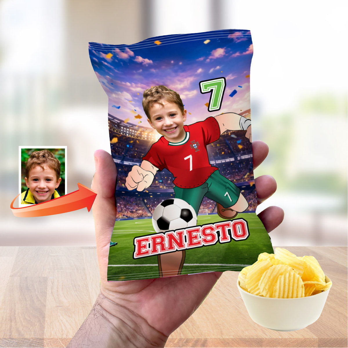 Matching Birthday Items for a Ronaldo Soccer Table Party, Cake, Drinks, Chips, Favors. 2457B1
