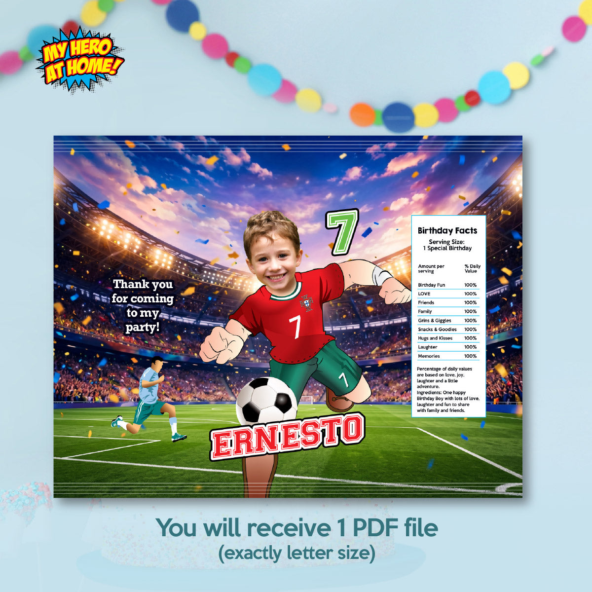 Matching Birthday Items for a Ronaldo Soccer Table Party, Cake, Drinks, Chips, Favors. 2457B1
