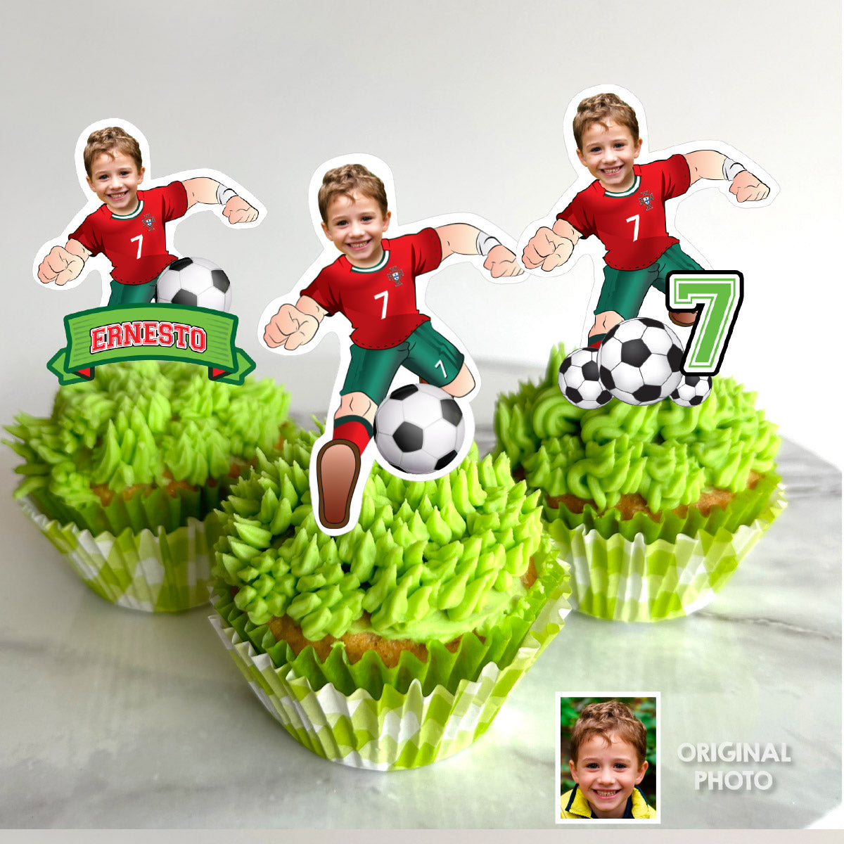 Personalized Soccer Ronaldo Cupcakes Toppers featuring birthday kid. 2457CK