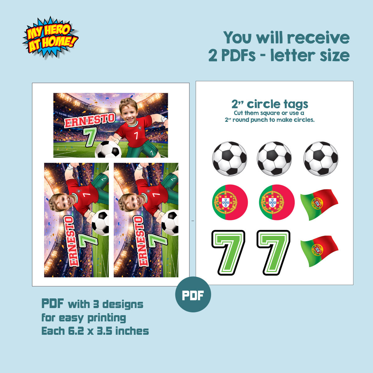 Matching Birthday Items for a Ronaldo Soccer Table Party, Cake, Drinks, Chips, Favors. 2457B1