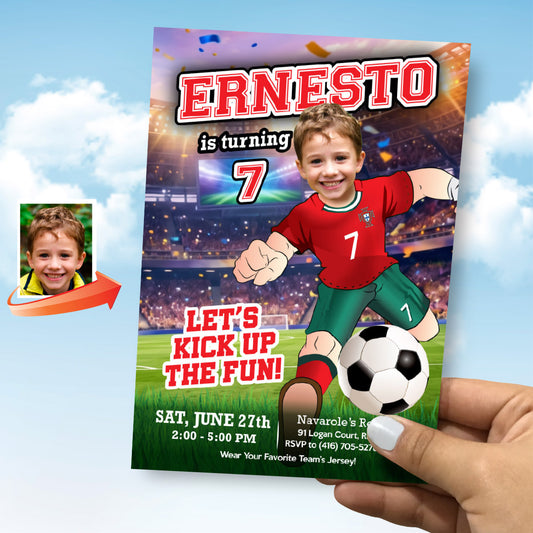 Portugal Soccer birthday Invitation with kid as Ronaldo, Soccer digital invite. 2457IN2