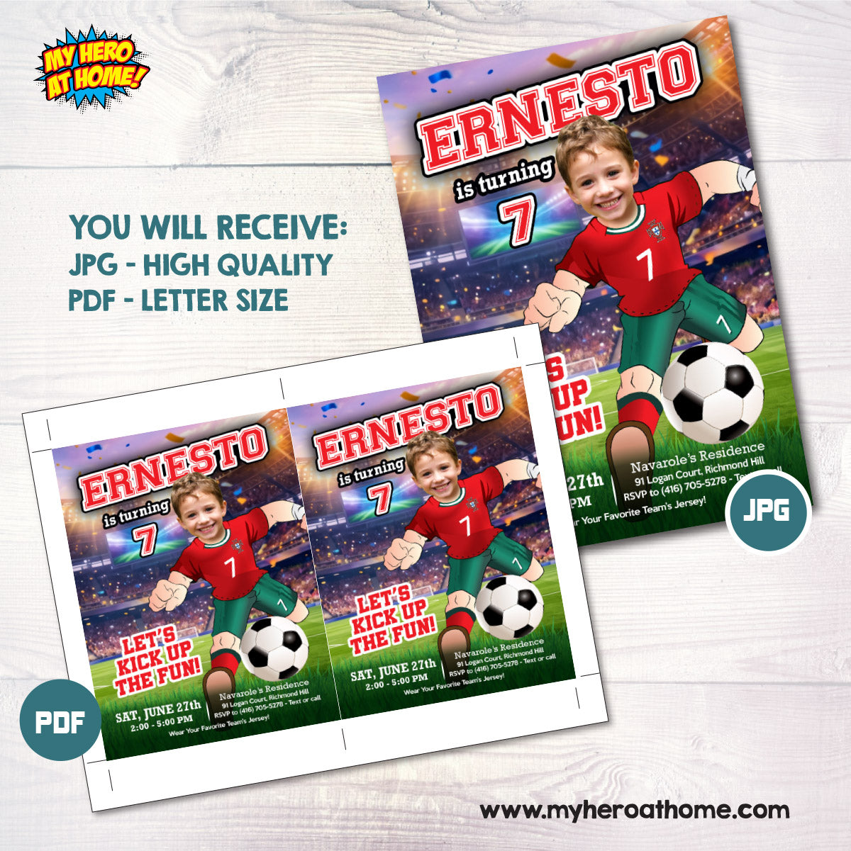 Portugal Soccer birthday Invitation with kid as Ronaldo, Soccer digital invite. 2457IN2
