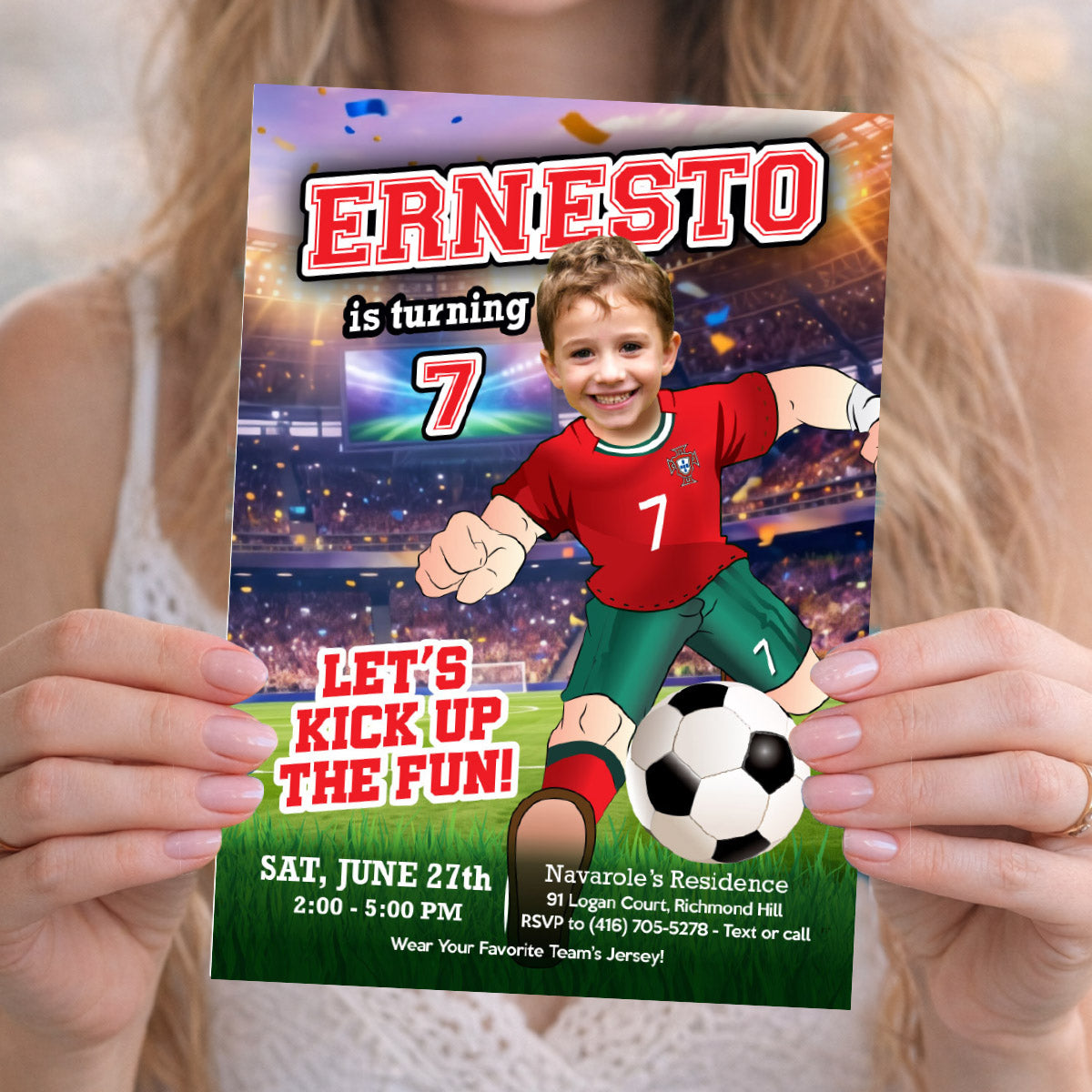 Portugal Soccer birthday Invitation with kid as Ronaldo, Soccer digital invite. 2457IN2