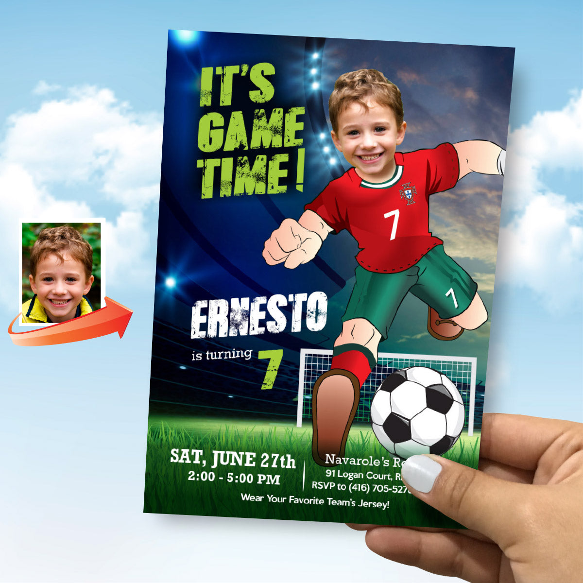 It's Game Time Portugal Soccer Party Invitation with child as Ronaldo. 2457IN3