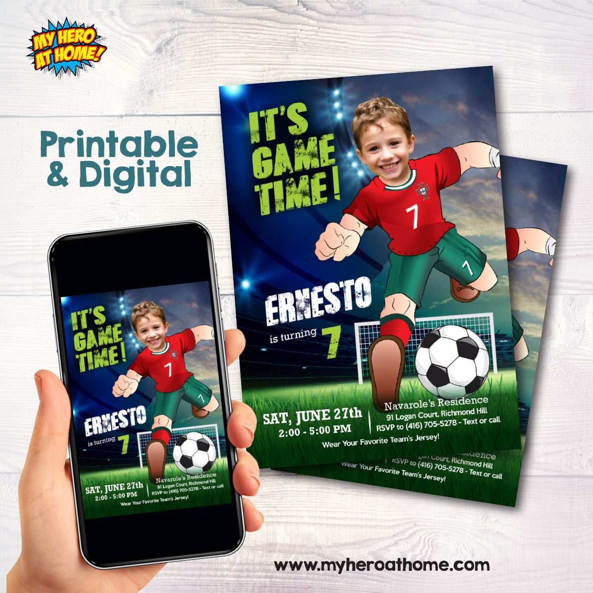 It's Game Time Portugal Soccer Party Invitation with child as Ronaldo. 2457IN3