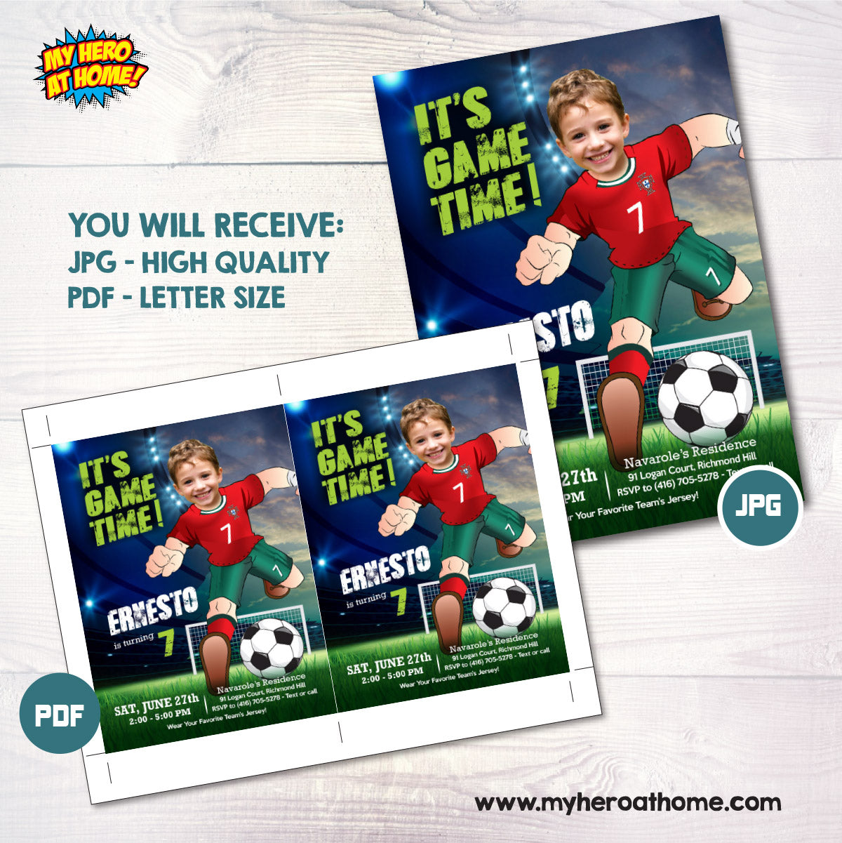 It's Game Time Portugal Soccer Party Invitation with child as Ronaldo. 2457IN3