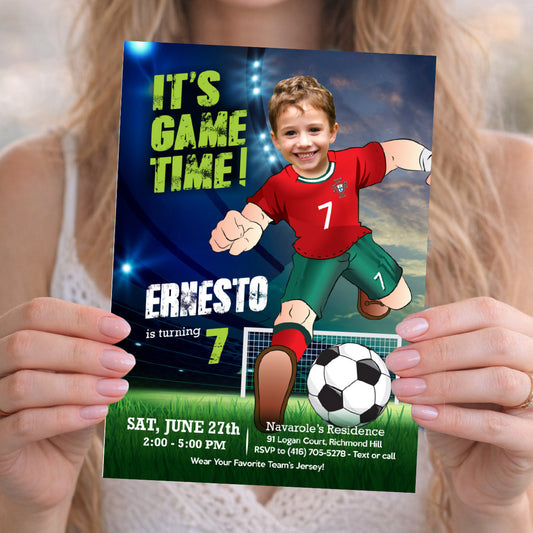 It's Game Time Portugal Soccer Party Invitation with child as Ronaldo. 2457IN3