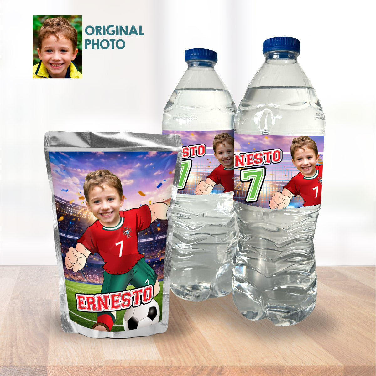 Matching Birthday Items for a Ronaldo Soccer Table Party, Cake, Drinks, Chips, Favors. 2457B1