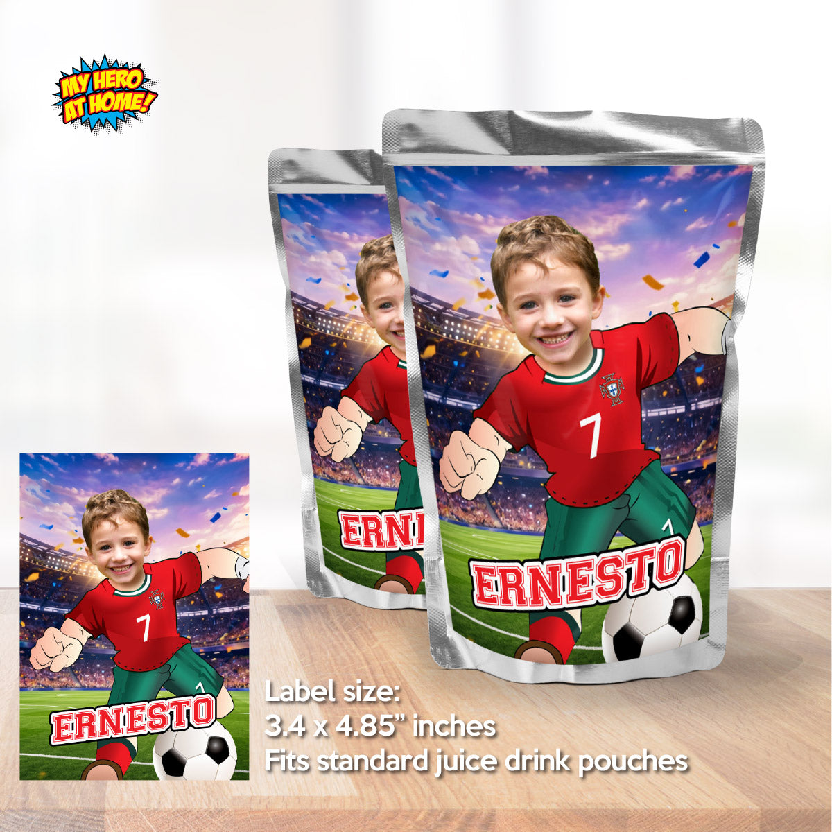 Soccer Ronaldo water wrappers with your photo, Ronaldo Capri Sun labels. 2457WJ