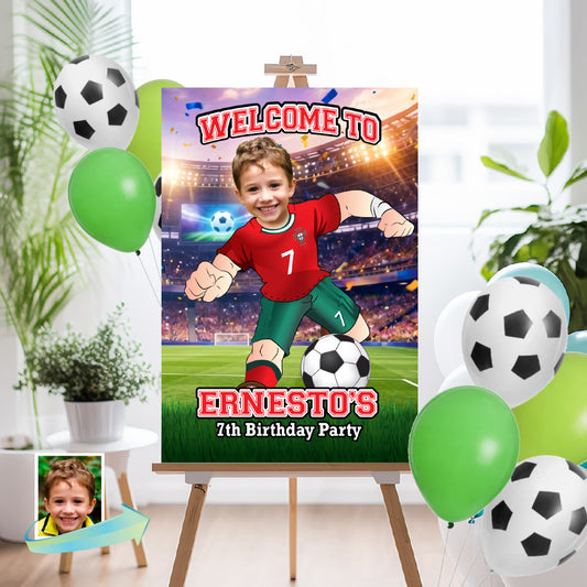 Soccer Portugal Welcome Sign with kid as Ronaldo, Futbol Party Entrance Sign. 2457WS1