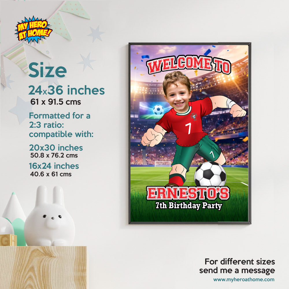 Soccer Portugal Welcome Sign with kid as Ronaldo, Futbol Party Entrance Sign. 2457WS1