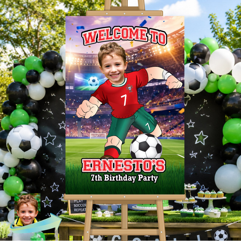 Soccer Portugal Welcome Sign with kid as Ronaldo, Futbol Party Entrance Sign. 2457WS1