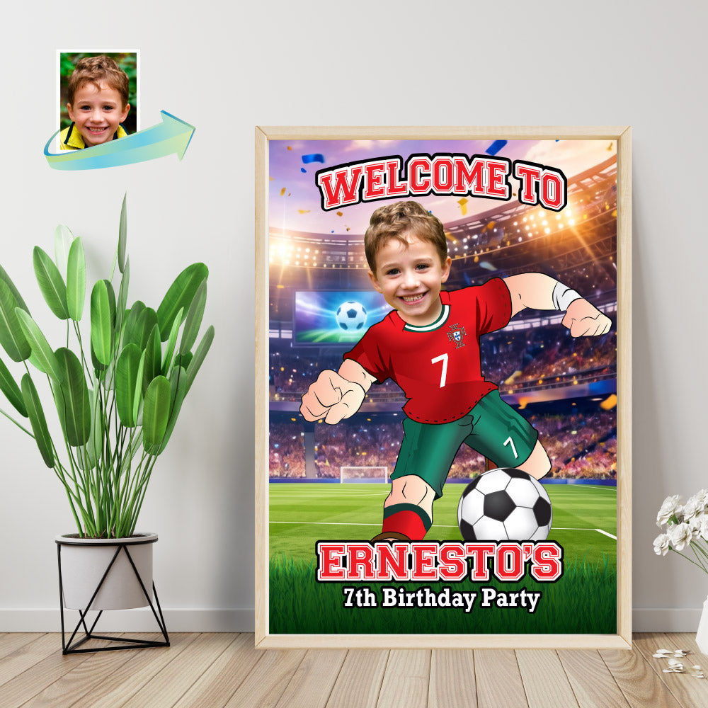 Soccer Portugal Welcome Sign with kid as Ronaldo, Futbol Party Entrance Sign. 2457WS1