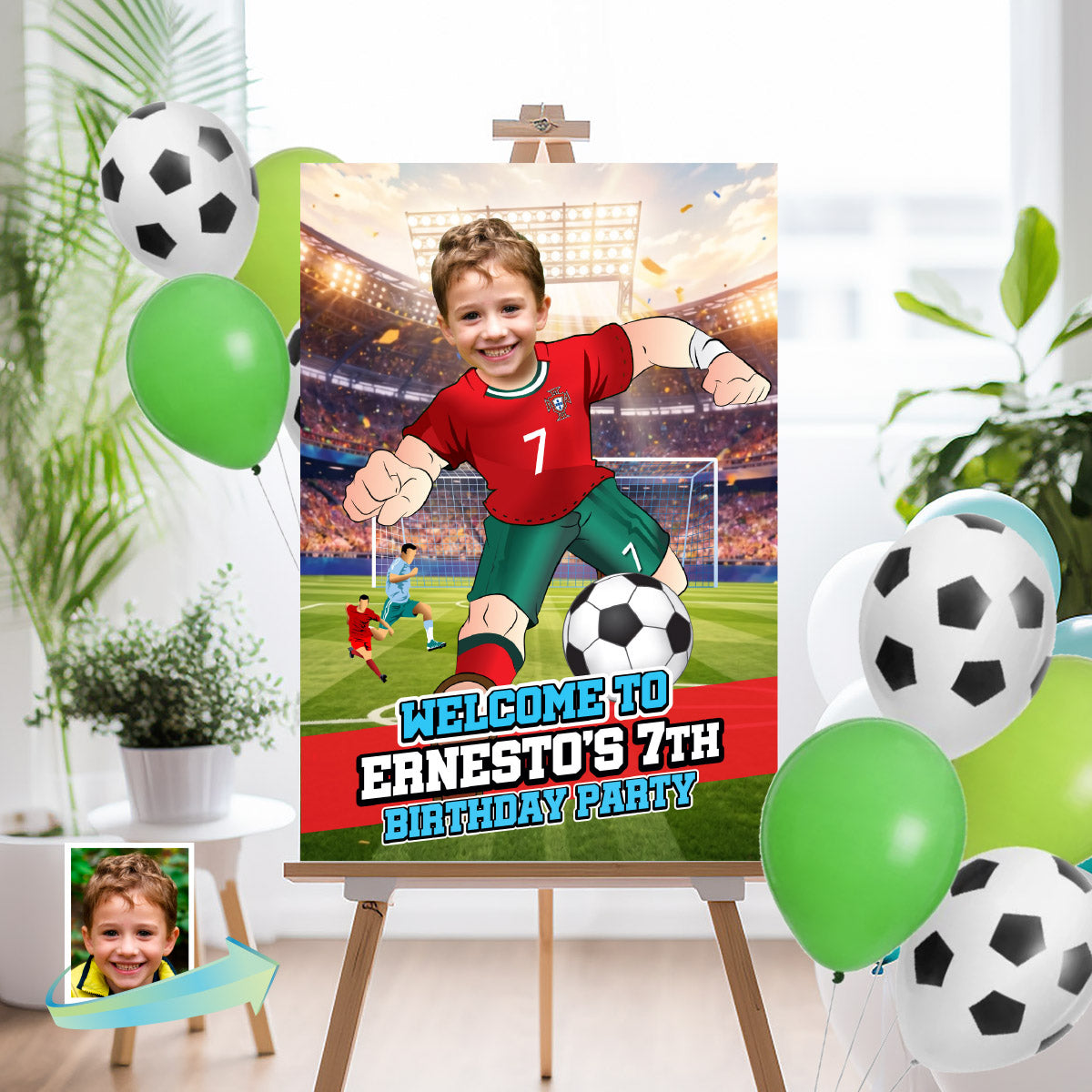 Futbol Portugal Welcome Sign with child as Ronaldo, Soccer Birthday Entrance Sign. 2457WS2