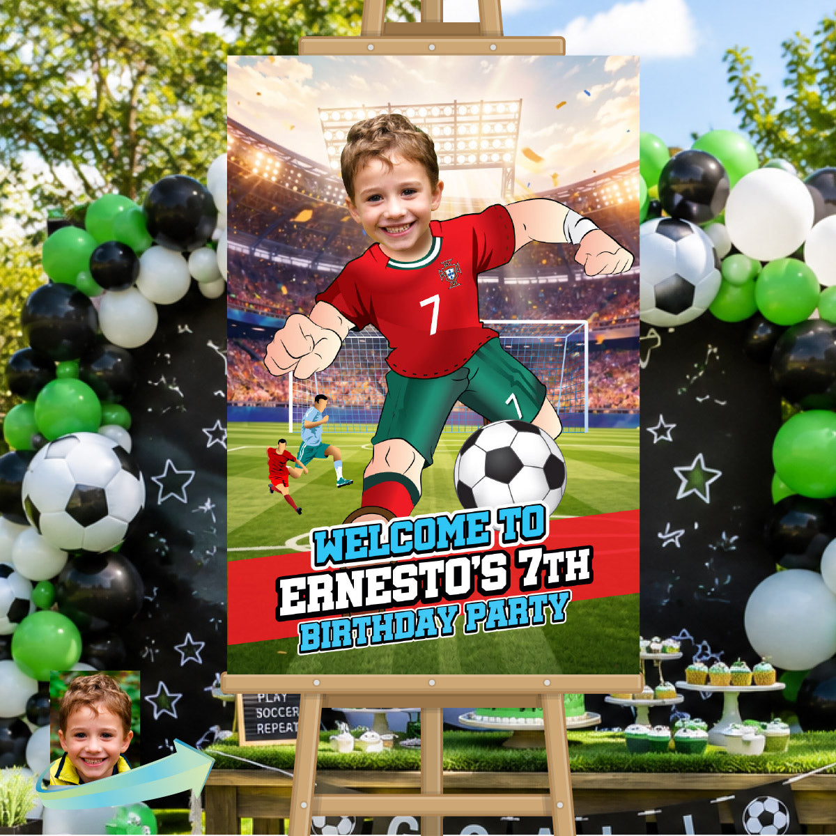 Futbol Portugal Welcome Sign with child as Ronaldo, Soccer Birthday Entrance Sign. 2457WS2