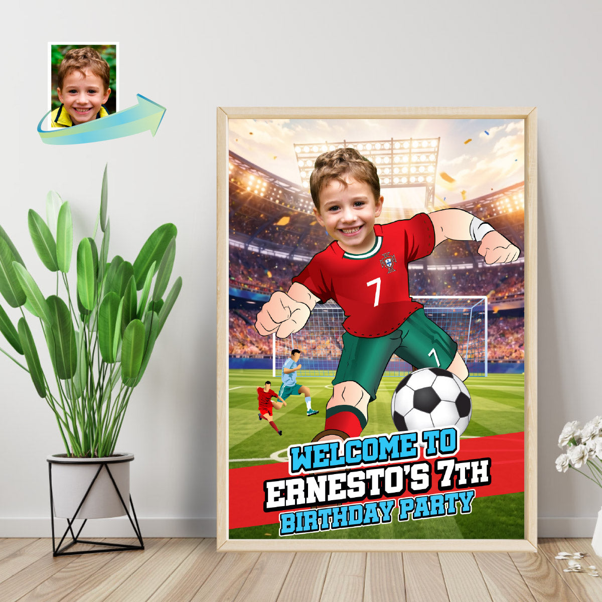 Futbol Portugal Welcome Sign with child as Ronaldo, Soccer Birthday Entrance Sign. 2457WS2