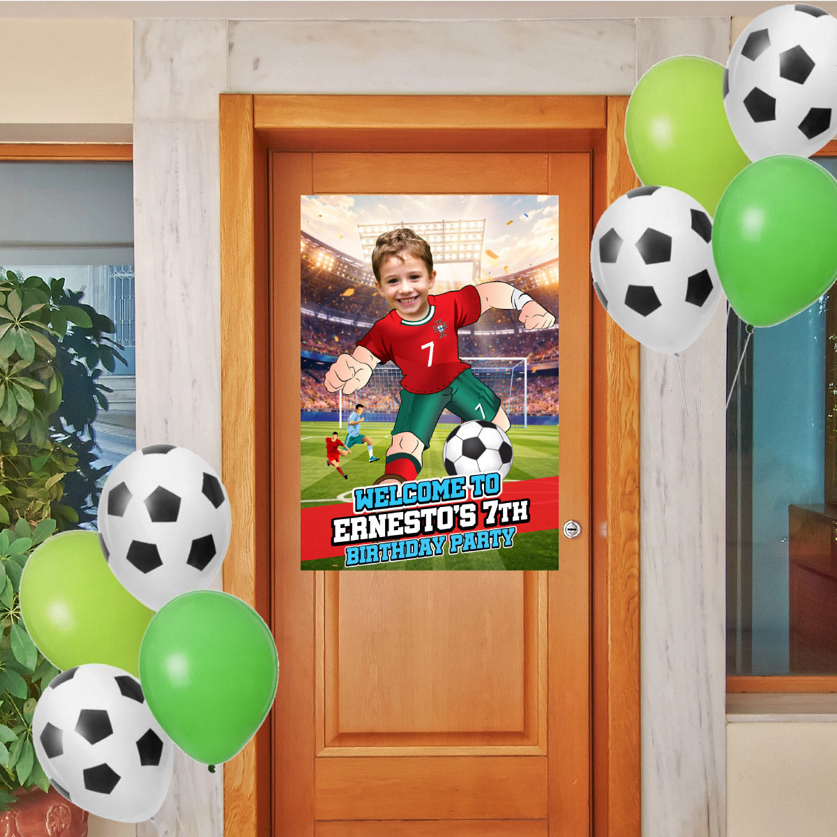 Futbol Portugal Welcome Sign with child as Ronaldo, Soccer Birthday Entrance Sign. 2457WS2