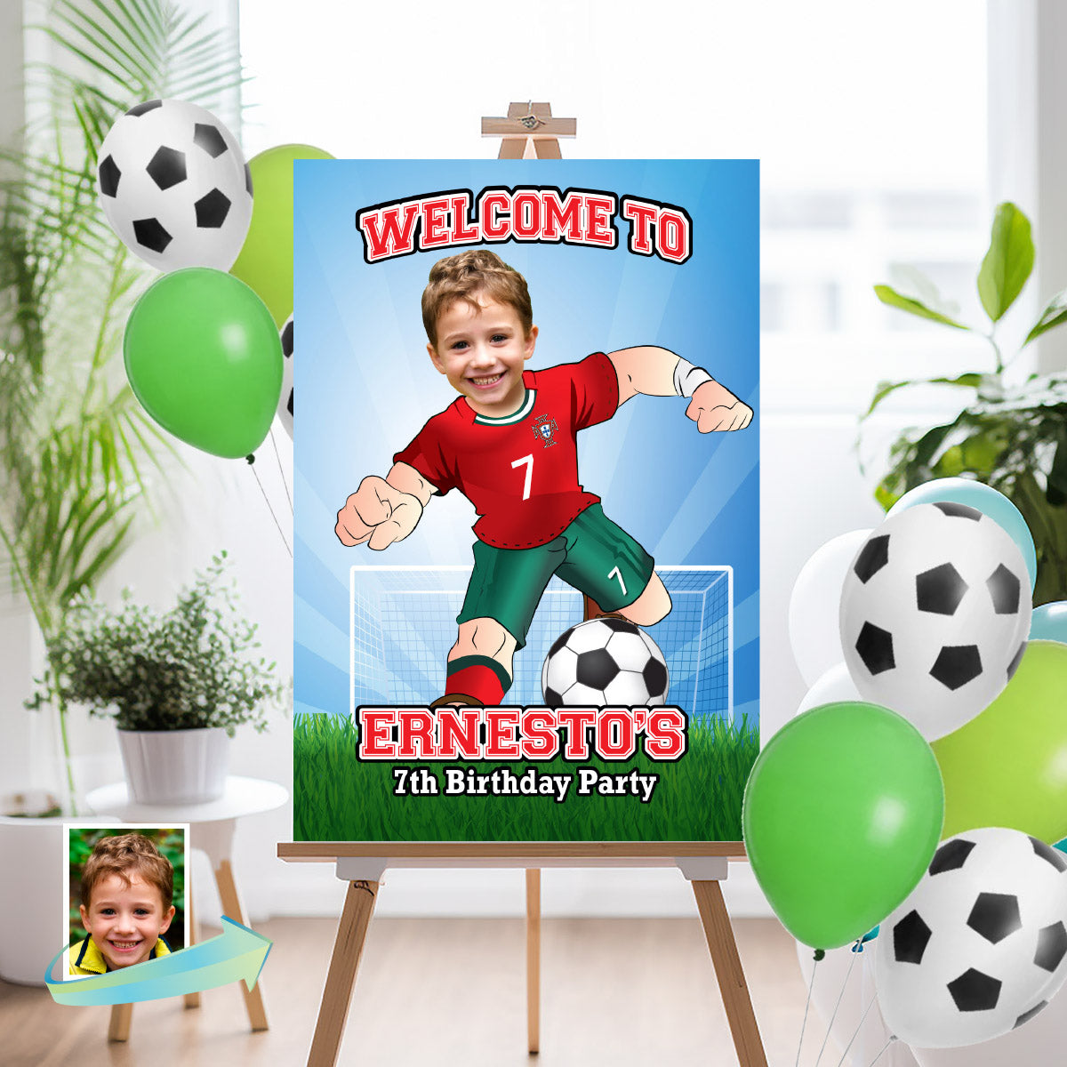 Welcome to my Soccer Birthday Party Sign with child as Ronaldo. 2457WS3