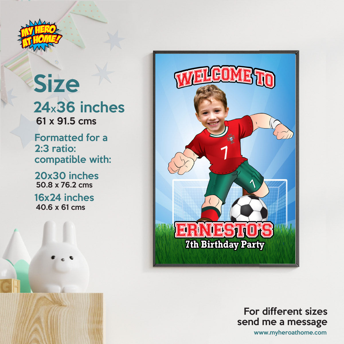 Welcome to my Soccer Birthday Party Sign with child as Ronaldo. 2457WS3