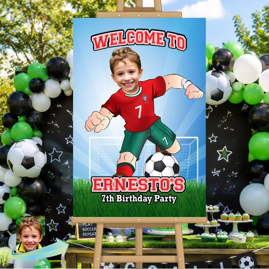 Welcome to my Soccer Birthday Party Sign with child as Ronaldo. 2457WS3