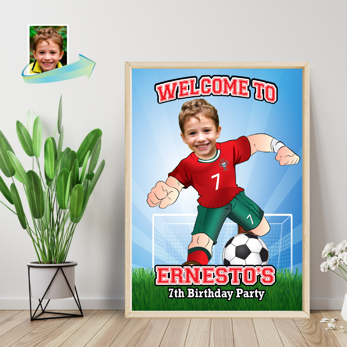 Welcome to my Soccer Birthday Party Sign with child as Ronaldo. 2457WS3