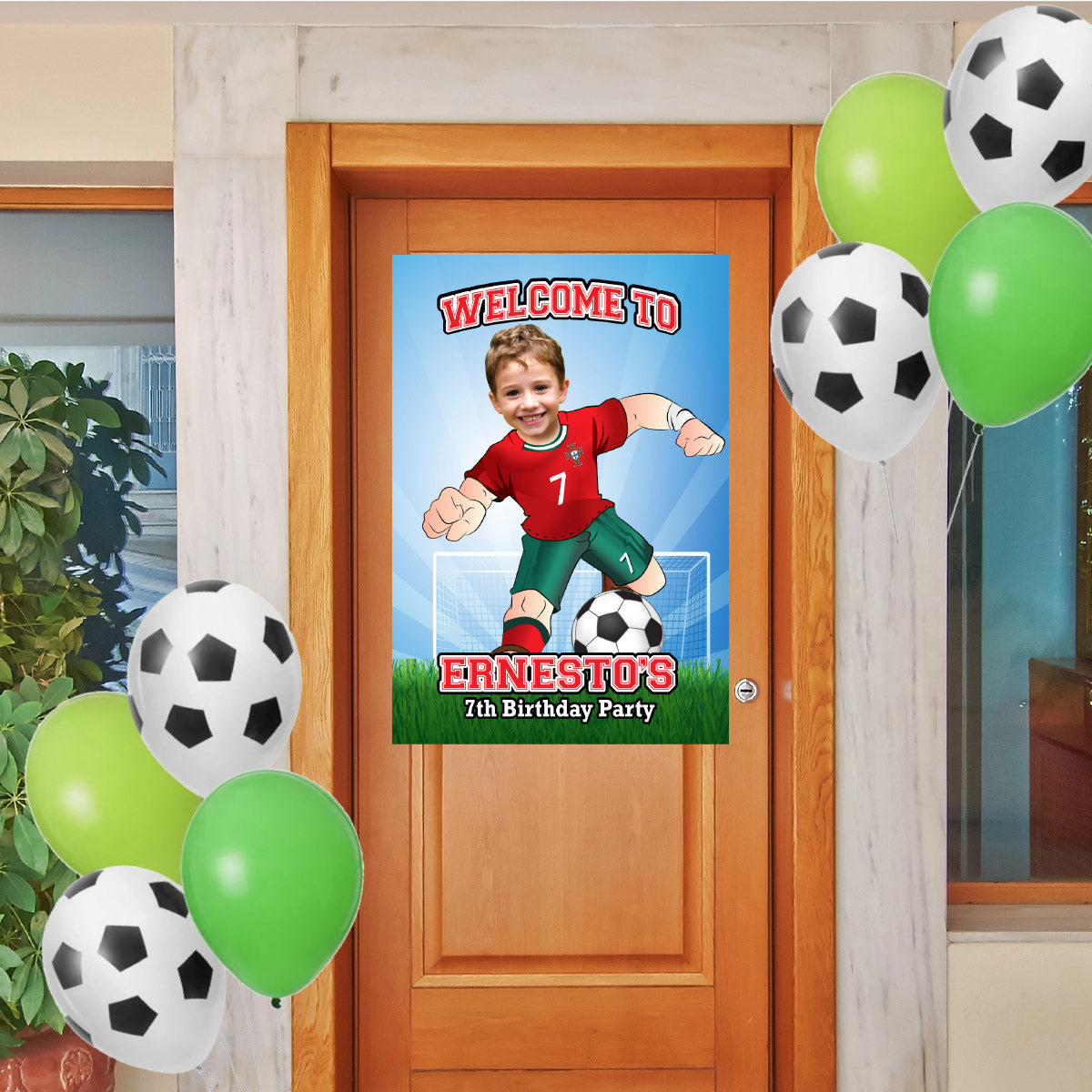 Welcome to my Soccer Birthday Party Sign with child as Ronaldo. 2457WS3