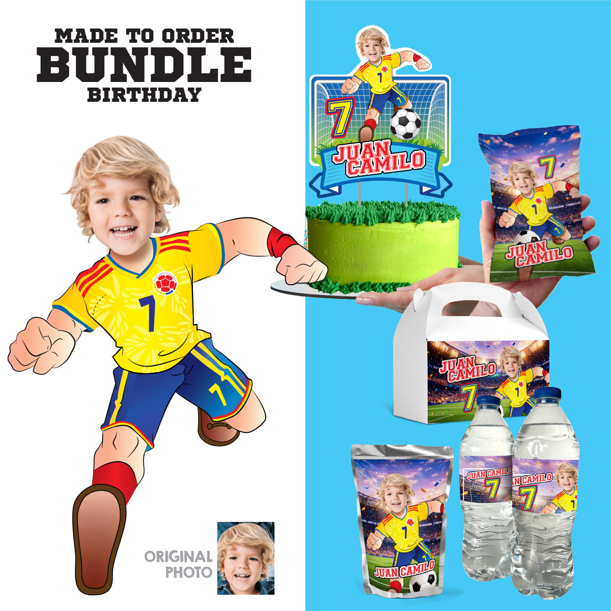 Matching birthday Bundle for a Colombia Soccer table Party, cake topper, water, Chips, boxes. 2458B1