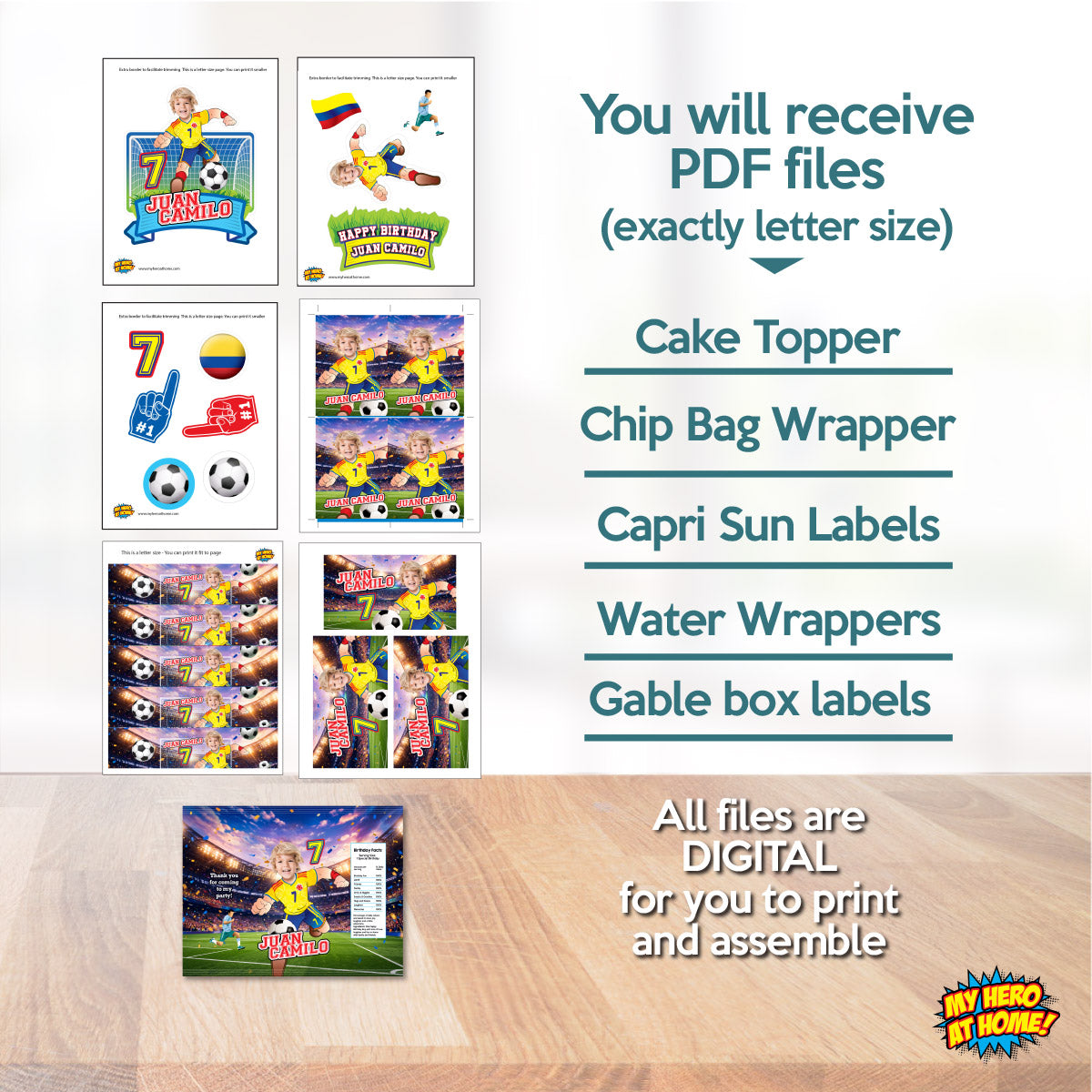 Matching birthday Bundle for a Colombia Soccer table Party, cake topper, water, Chips, boxes. 2458B1