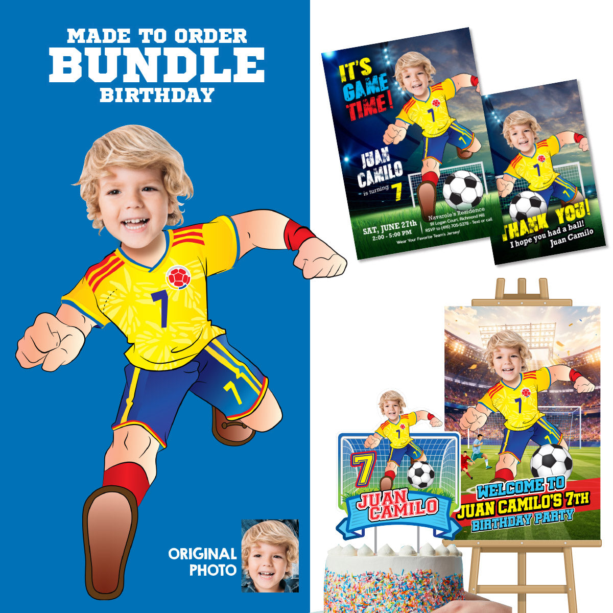 Personalized bundle for a Colombia soccer themed birthday Party with kid as the star player. 2458B2