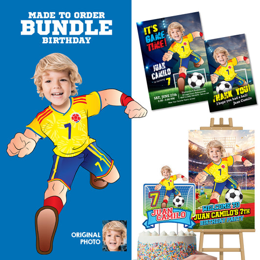 Personalized bundle for a Colombia soccer themed birthday Party with kid as the star player. 2458B2