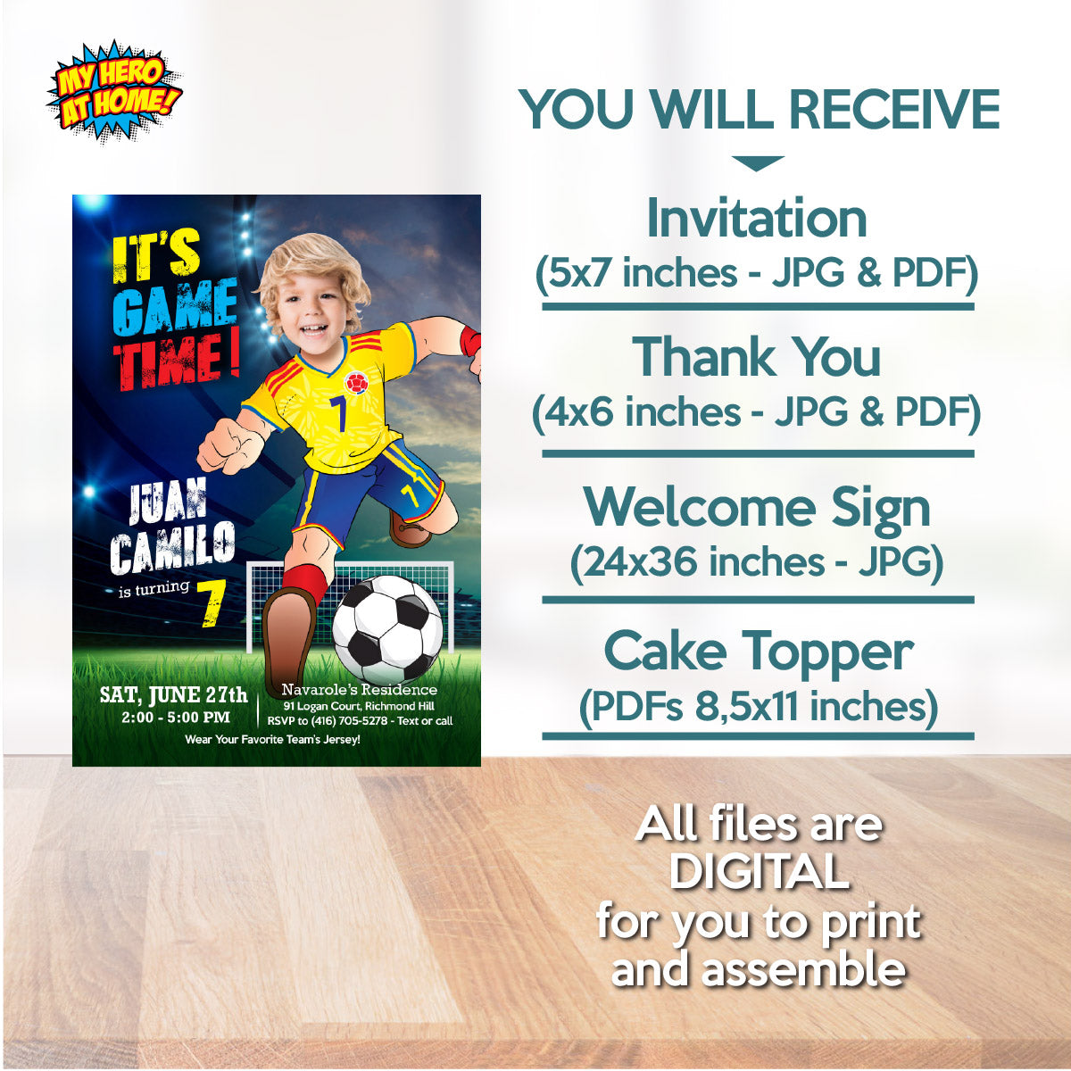 Personalized bundle for a Colombia soccer themed birthday Party with kid as the star player. 2458B2