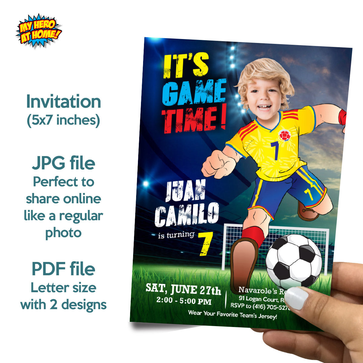 Personalized bundle for a Colombia soccer themed birthday Party with kid as the star player. 2458B2