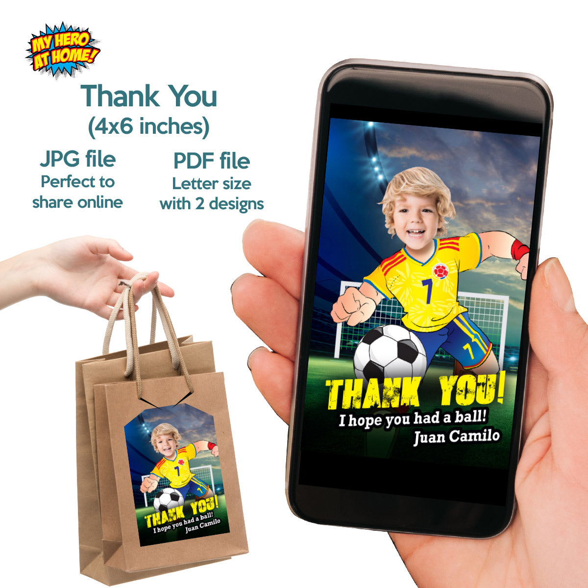 Personalized bundle for a Colombia soccer themed birthday Party with kid as the star player. 2458B2