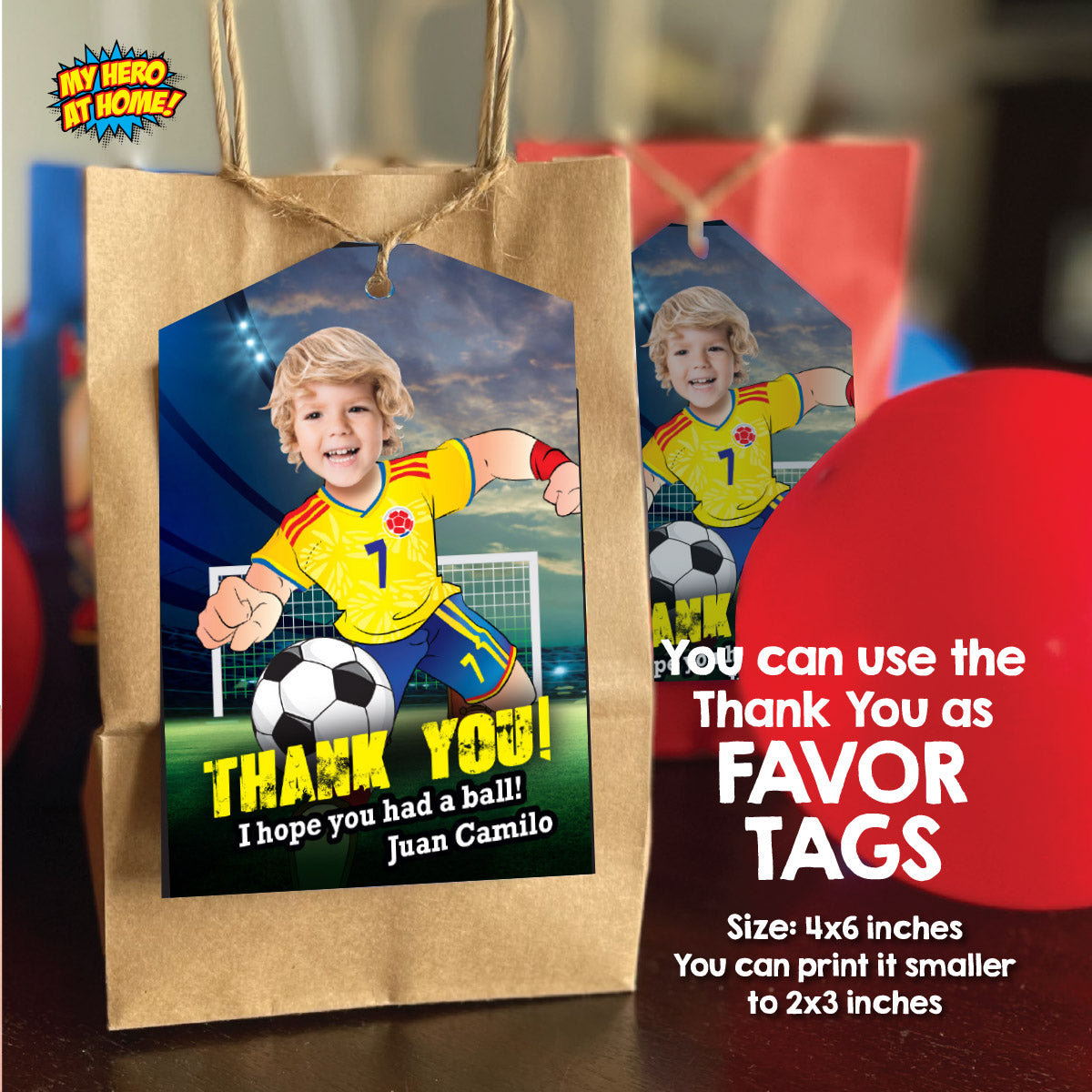 Personalized bundle for a Colombia soccer themed birthday Party with kid as the star player. 2458B2