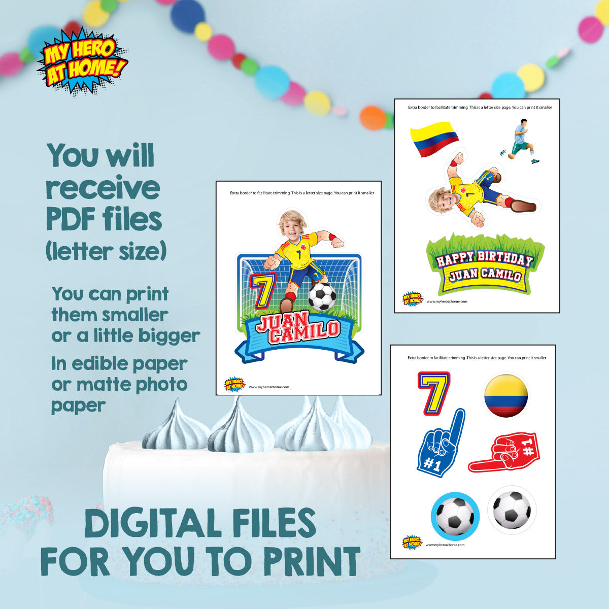 Personalized bundle for a Colombia soccer themed birthday Party with kid as the star player. 2458B2