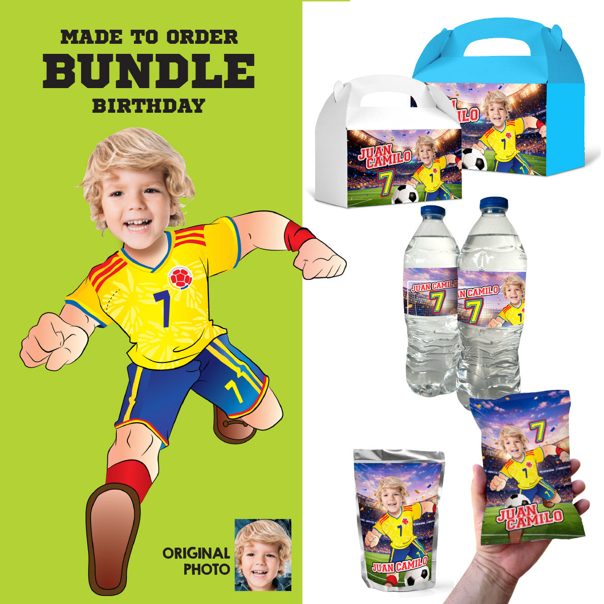 Matching snacks labels Bundle for an Colombia Soccer birthday themed personalized with photo. 2458B3