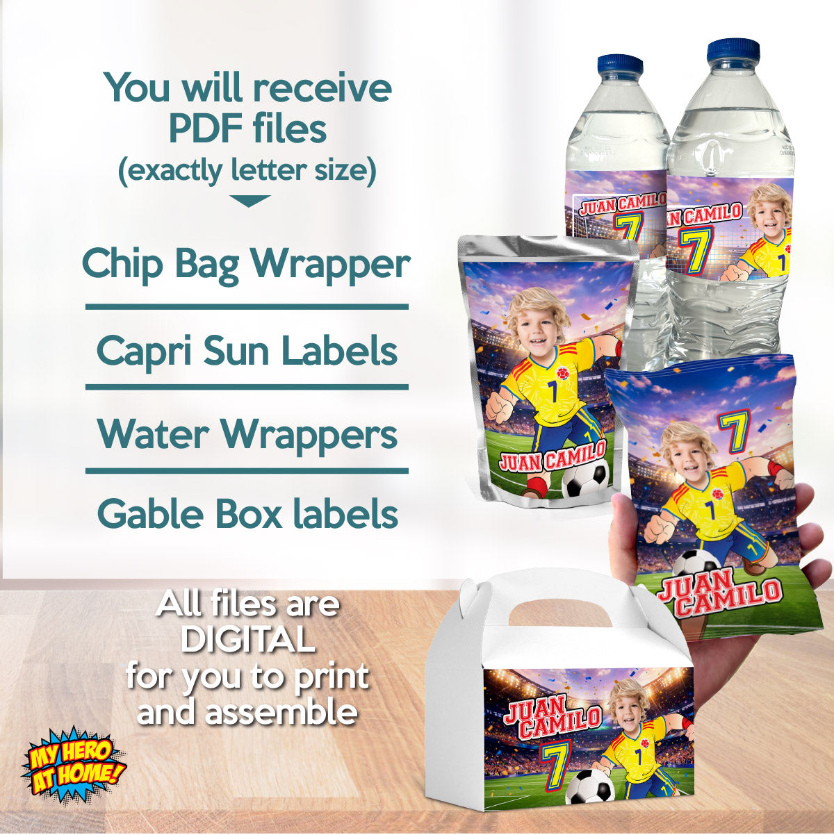 Matching snacks labels Bundle for an Colombia Soccer birthday themed personalized with photo. 2458B3