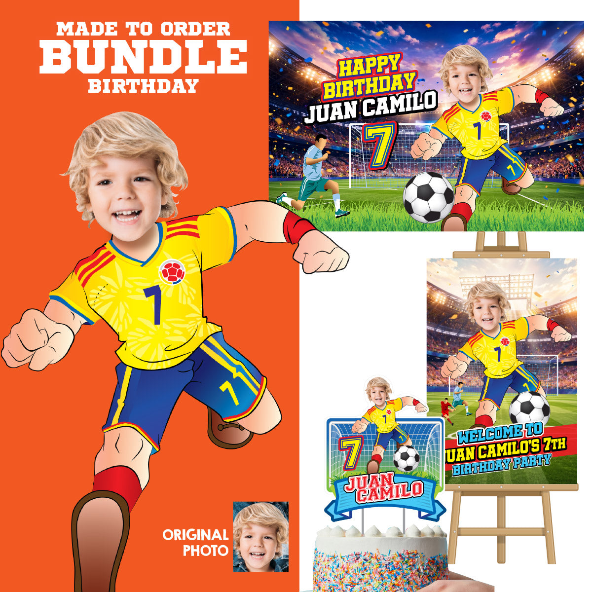 Custom Colombia Soccer party Bundle with photo: backdrop, cake topper, welcome sign. 2458B4