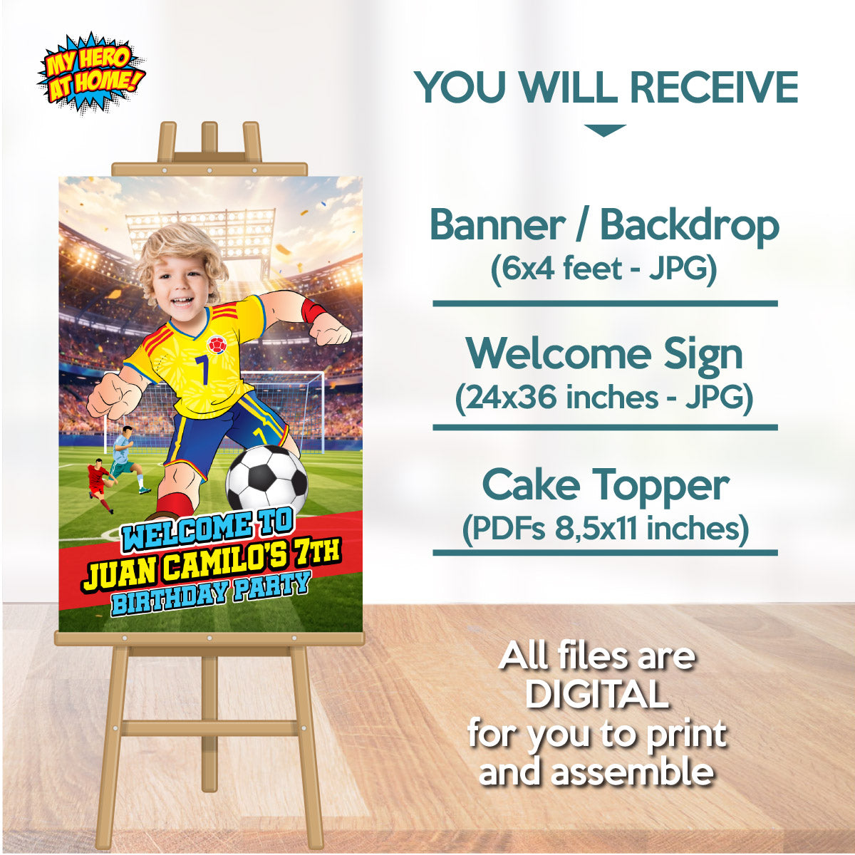 Custom Colombia Soccer party Bundle with photo: backdrop, cake topper, welcome sign. 2458B4