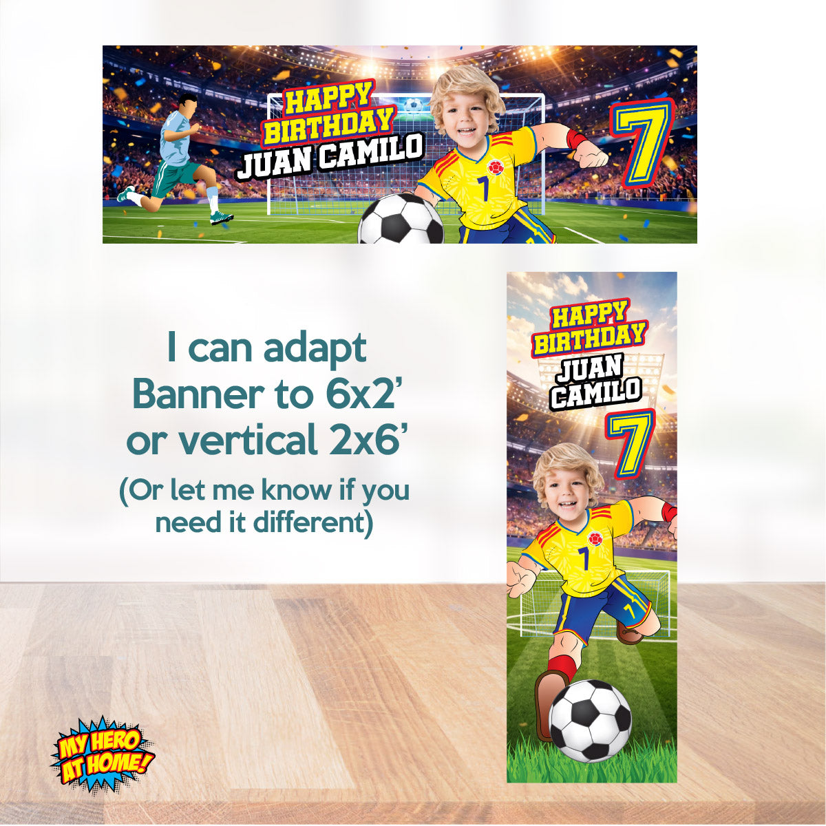 Custom Colombia Soccer party Bundle with photo: backdrop, cake topper, welcome sign. 2458B4