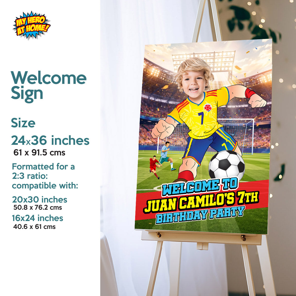 Custom Colombia Soccer party Bundle with photo: backdrop, cake topper, welcome sign. 2458B4