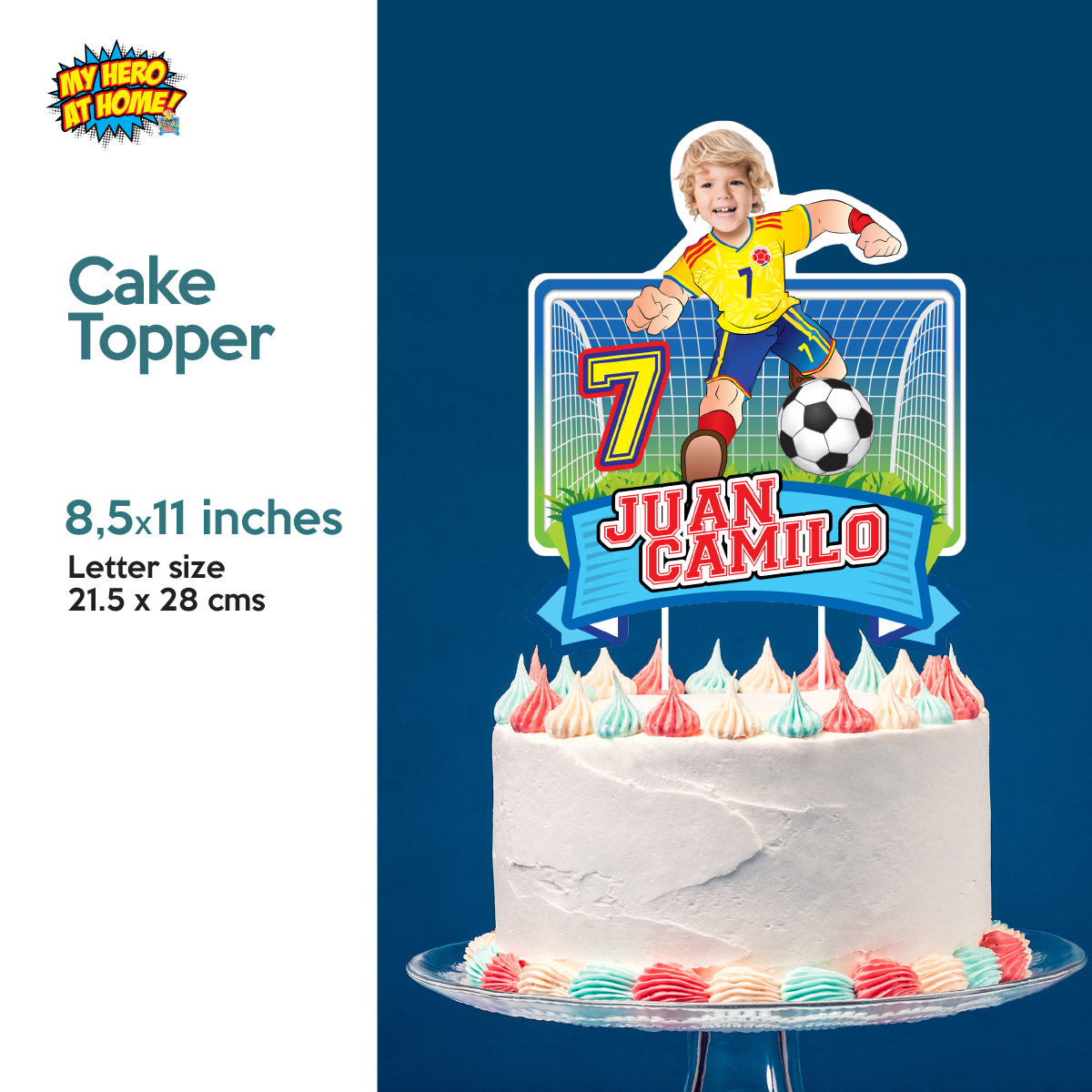 Custom Colombia Soccer party Bundle with photo: backdrop, cake topper, welcome sign. 2458B4
